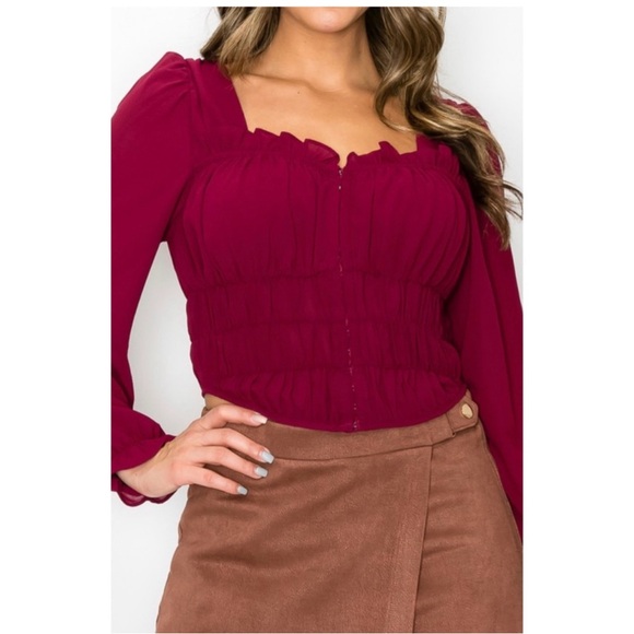 Burgundy chiffon corset long sleeve top - Picture 8 of 9